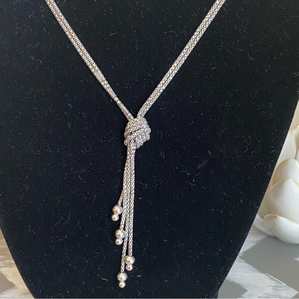 Sterling Silver Double Chain Diamond Cut Knot Necklace - Picture 4 of 11